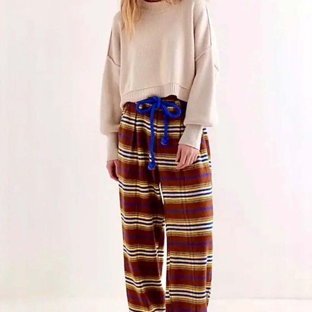 Free People Preppy Plaid Pull On Trousers Pants Flannel Tie Brown Blue S NEW - Picture 5 of 8
